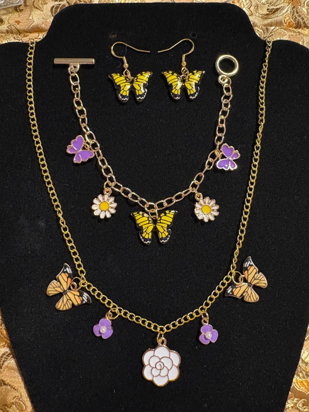 Handmade Monarch Butterfly Flower Jewelry Set Necklace Bracelet Earrings